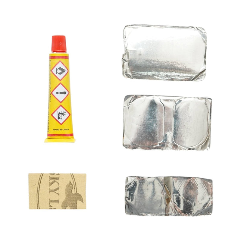 Set di 5 toppe vulcanizzanti per pneumatici e camere d'aria (24x35 mm, 25 mm, 32x50 mm) + carta abrasiva + 1 tubetto di adesivo (8 ml)
