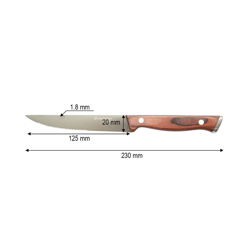 Set di 6 coltelli da bistecca (12,5 cm), lama seghettata in acciaio 3Cr13, manico in legno Pakka. Breckner Germany