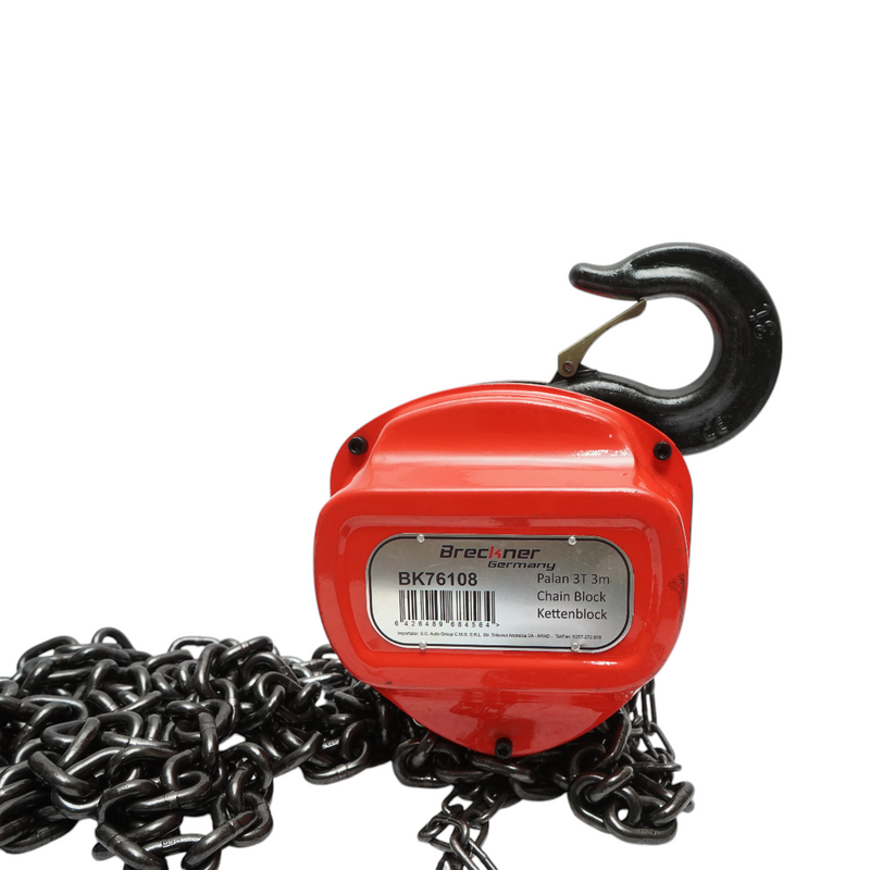 Paranco manuale con catena da 3 m, portata massima 3000 kg, gancio di sicurezza Breckner Germany