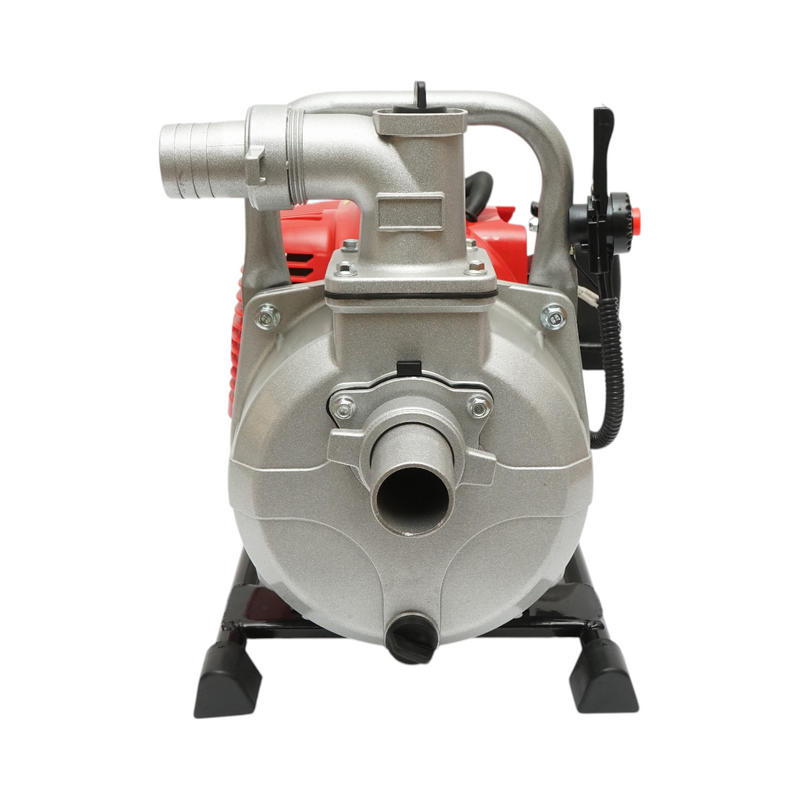 Motopompa a benzina da 2,2 CV, motore a 2 tempi da 52 cc, attacco da 1,5 pollici, portata 15 m³/h, autoadescante, profondità di aspirazione 15 m, prevalenza 22 m. Breckner Germany