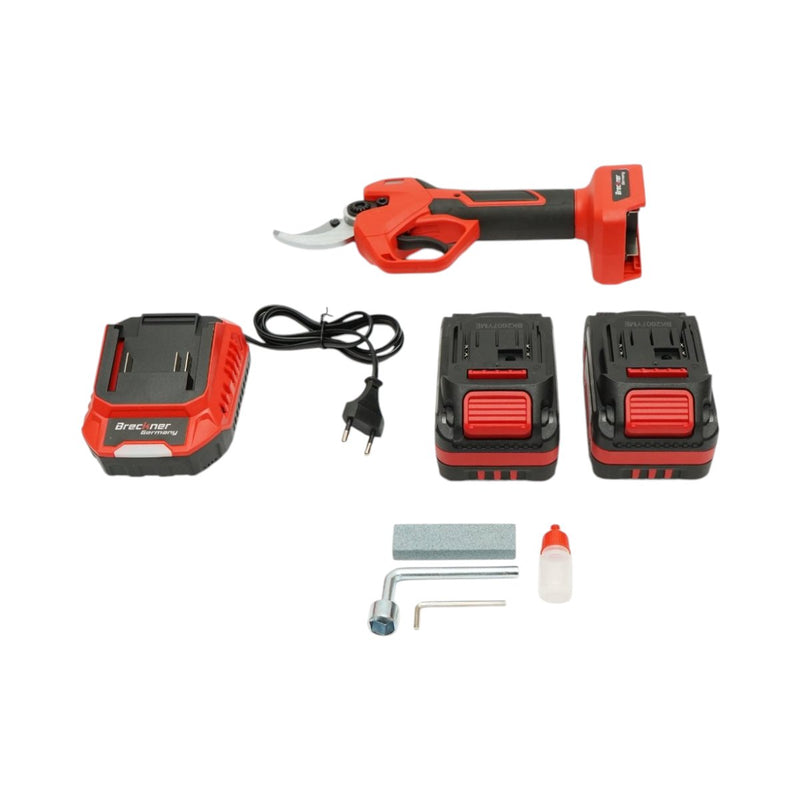 Forbici da potatura elettriche da 500 W con due batterie agli ioni di litio da 21 V e 4 Ah, motore brushless, display digitale e diametro di taglio massimo di 40 mm. Breckner Germany
