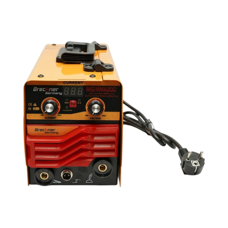 Saldatrice inverter 2 in 1 MIG/MMA senza gas, 200 A, 220 V, display digitale, saldatura a elettrodo, bobina di filo animato Flux Core E71T-GS inclusa Breckner Germany
