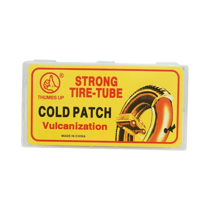 Set di 12 toppe di vulcanizzazione per pneumatici e camere d'aria (25x35 mm, 35 mm, 32x52 mm) + rullo pressore + 1 tubetto di adesivo (20 ml)