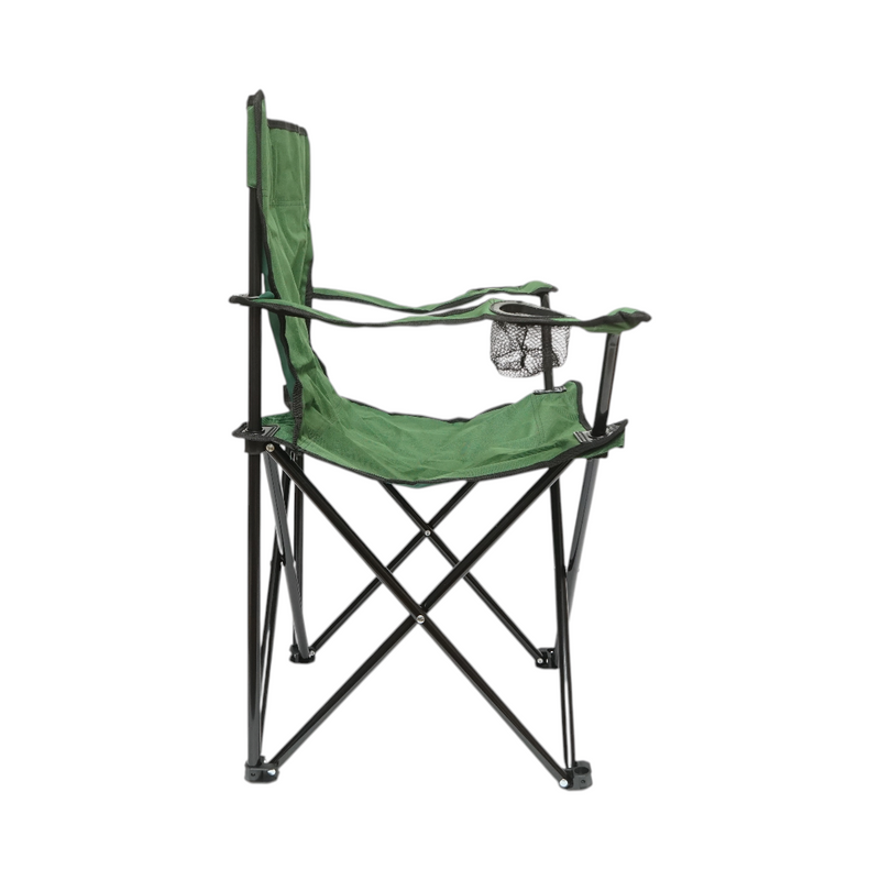 Sedia da campeggio pieghevole verde con portabicchieri, borsa per il trasporto e struttura in metallo (50x80x80 cm)