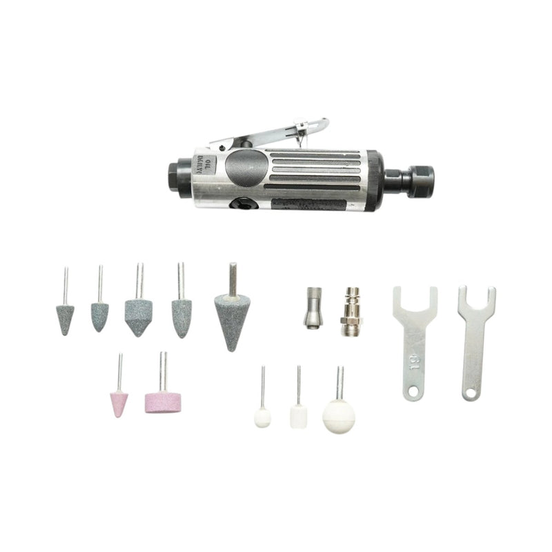 Kit smerigliatrice pneumatica diritta tipo biax, 22.000 giri/min, pinze da 3 mm e 6 mm, pressione di esercizio 6,3 bar, 16 pezzi. Breckner Germany