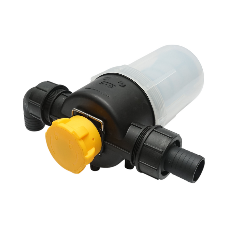 Filtro trasparente per irroratrice con cestello filtrante e valvola autopulente, attacco da 38 mm