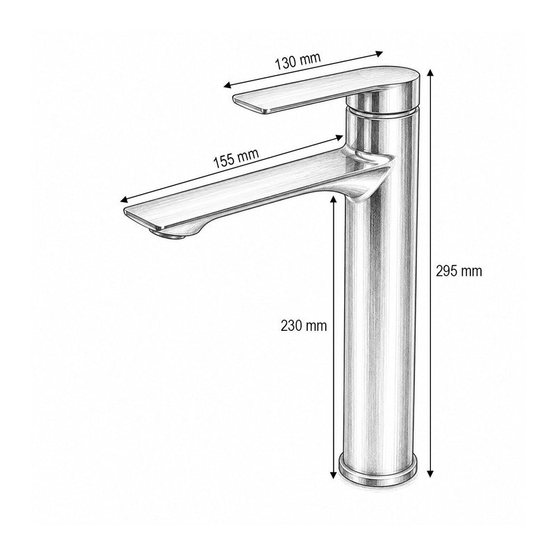 Miscelatore alto e rotondo per lavabo, monocomando, finitura cromata lucida, acciaio inossidabile, flessibili inclusi