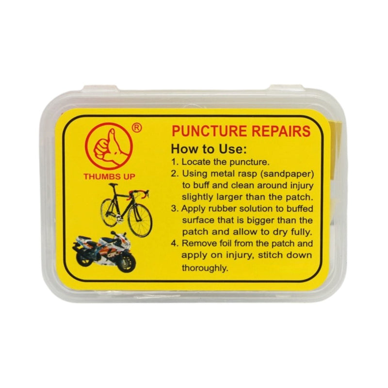 Set di 12 toppe vulcanizzanti per camere d'aria di biciclette, moto, carriole e tuk-tuk (24x35 mm, 32x50 mm) + 1 tubetto di adesivo da 8 ml.