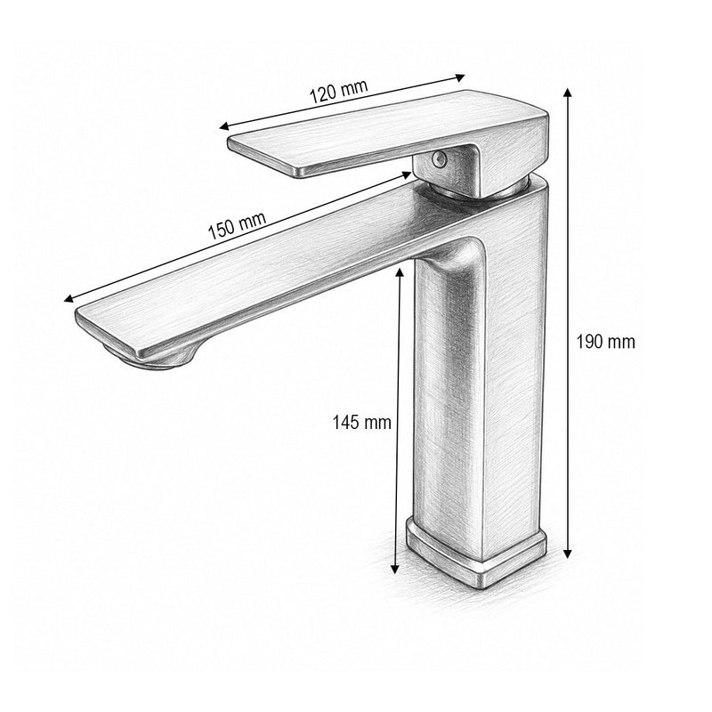 Miscelatore alto a sezione quadrata per lavabo, monocomando, finitura grigio grafite satinato, acciaio inox, flessibili inclusi