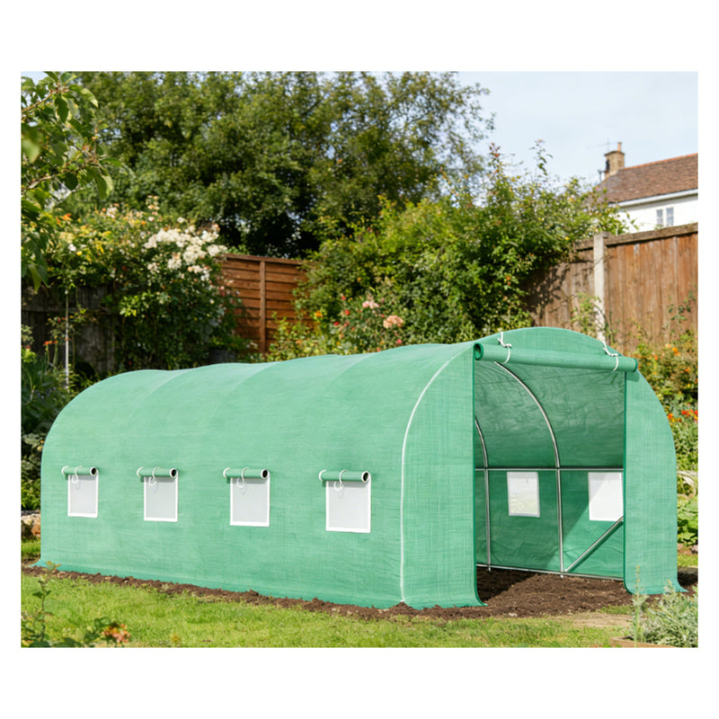 Serra da giardino 400×300×200 cm, telo verde in PE con rete 140 g/m² anti-UV, 1 porta, 8 finestre, tubo in acciaio zincato 19 mm THOR