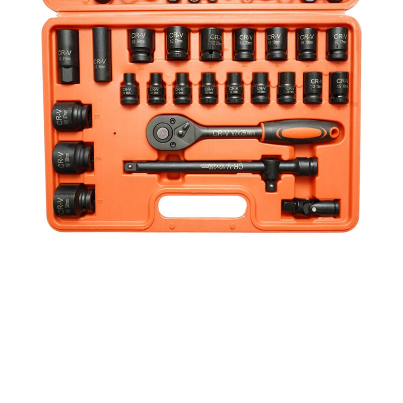 Set da 37 pezzi con bussole da 1/2" in acciaio al cromo-vanadio (8–32 mm) e chiavi combinate (6–19 mm), comprensivo di cricchetto, prolunga a T da 250 mm e snodo cardanico. Breckner Germany