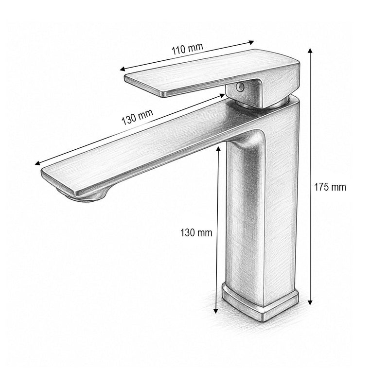 Miscelatore alto a base quadrata per lavabo, monocomando, finitura cromo lucido, acciaio inox, flessibili inclusi