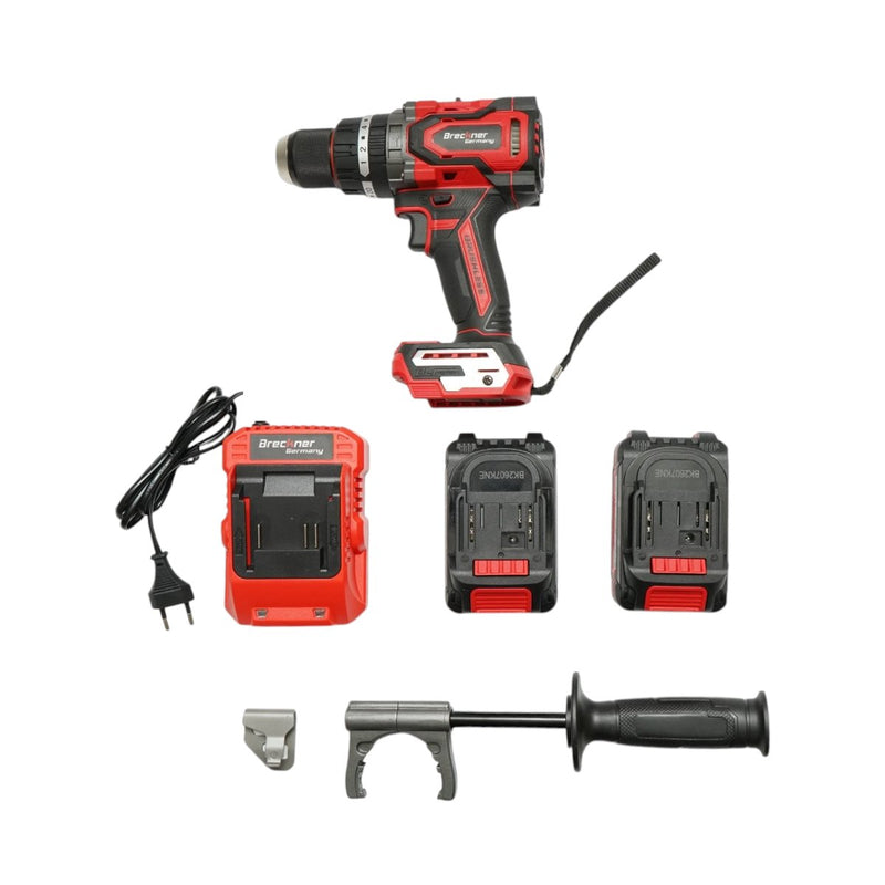 Trapano avvitatore a percussione brushless da 1000 W, due batterie agli ioni di litio da 21 V e 4 Ah, LED, 180 Nm, mandrino da 13 mm, 0-500/2000 giri/min, impugnatura antivibrazione Breckner Germany