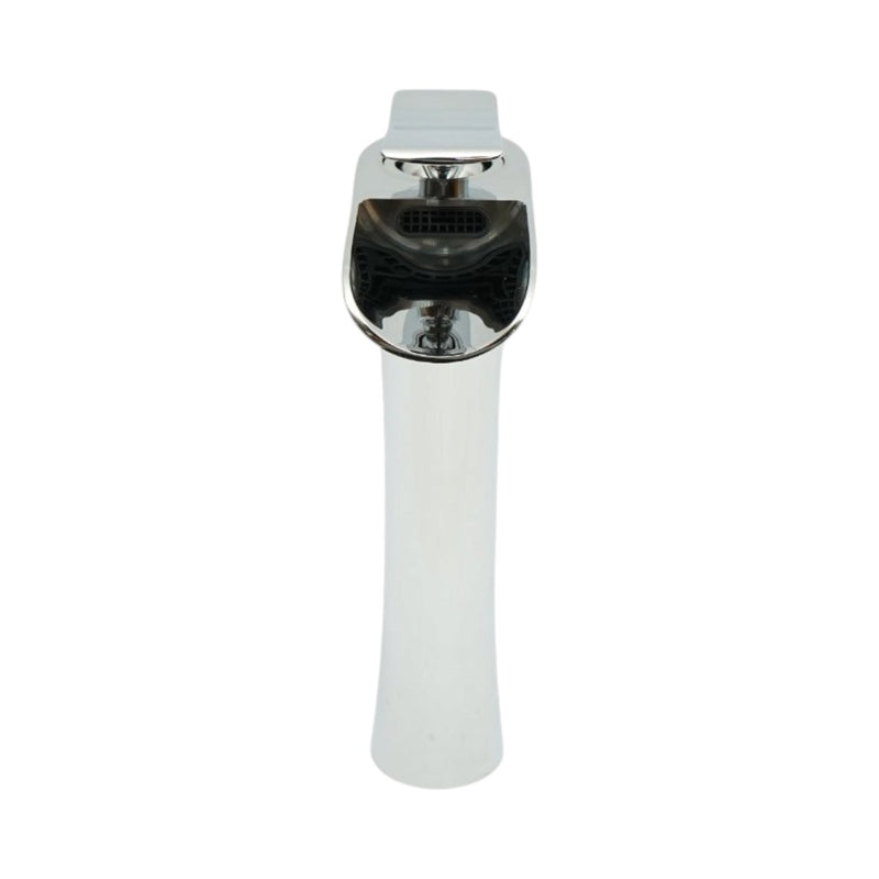 Rubinetto alto di alta qualità per lavabo da bagno in rame, con erogazione a cascata, design rotondo, miscelatore monocomando, finitura cromata lucida e flessibili inclusi.