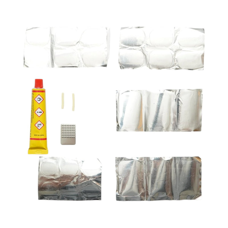 Set di 24 toppe per la vulcanizzazione di pneumatici e camere d'aria (24x35 mm, 25 mm, 32x50 mm) + 1 tubetto di adesivo (20 ml)