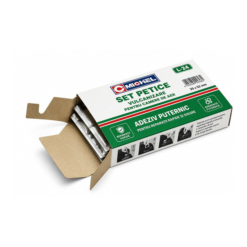 Set di 24 toppe ovali per vulcanizzazione (35x52 mm) + 1 tubetto di adesivo da 20 ml per camere d'aria – L-24 Michel