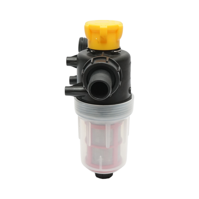 Filtro trasparente per irroratrice con doppia rete e valvola autopulente, attacco da 32 mm.