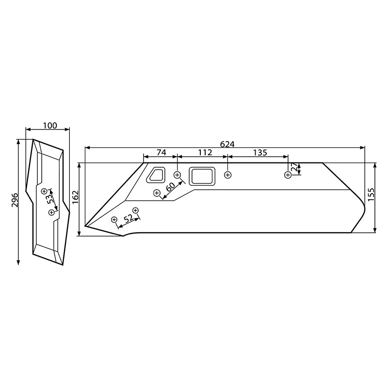 Vomere sinistro con scalpello 622213/L per aratro Kuhn, 162 × 624 mm