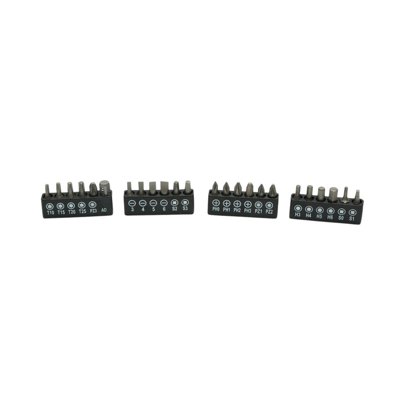 Set di cacciaviti da 37 pezzi in acciaio al cromo-vanadio (Cr-V), con bussole da 4–14 mm e inserti Torx, esagonali, PH, PZ e SL.