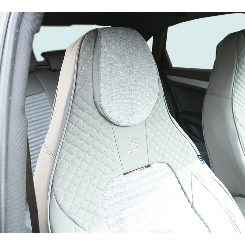 Set coprisedili auto universali premium grigio crema, design ergonomico sportivo, pelle ecologica con inserti tessili, 11 pezzi