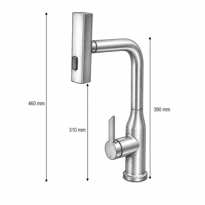 Rubinetto per lavello cucina con doccetta estraibile a effetto cascata, 2 modalità di flusso, display digitale della temperatura, bocca girevole a 360°, comando monocomando, finitura grigio grafite satinato, acciaio inox, tubi flessibili inclusi.