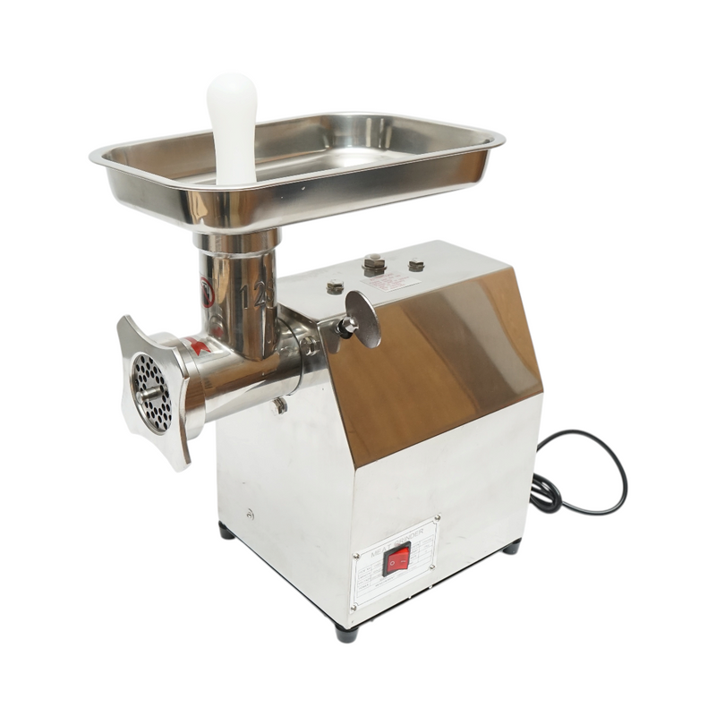 Tritacarne elettrico in acciaio inox 1600W, 220V, capacità 150 kg/h, adattatore per salsicce, 1 piastra e 1 coltello inclusi – 380 × 210 × 415 mm