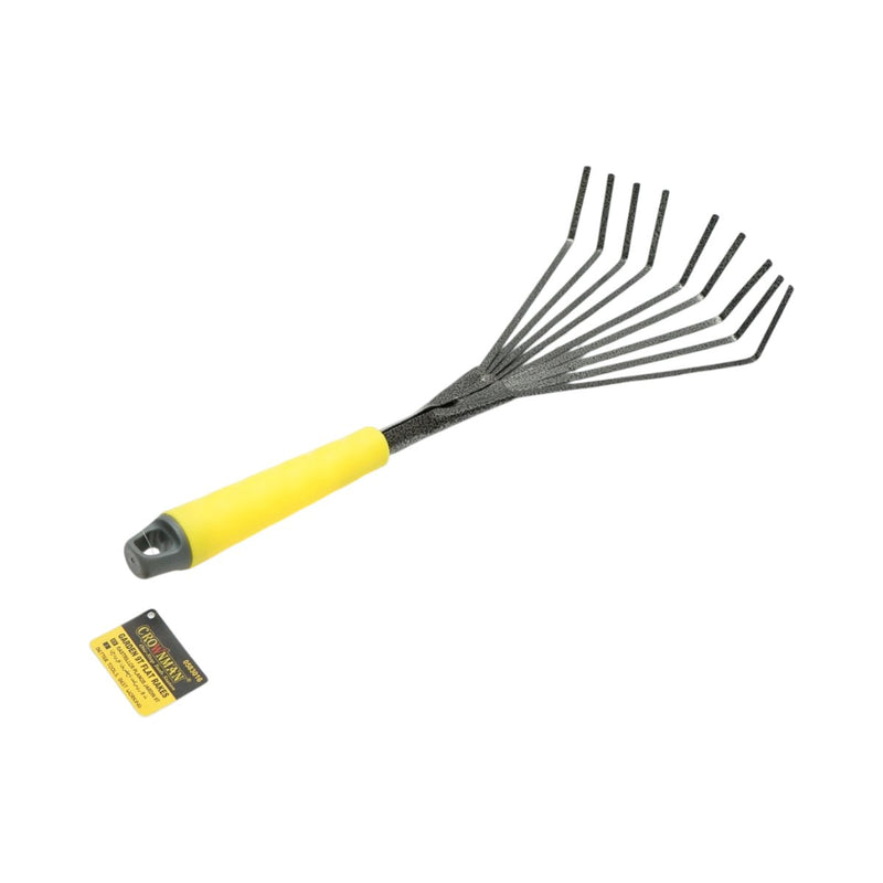 Rastrello a ventaglio da giardino Crownman 145x350 mm con 9 denti flessibili in acciaio al carbonio e impugnatura ergonomica in PP.