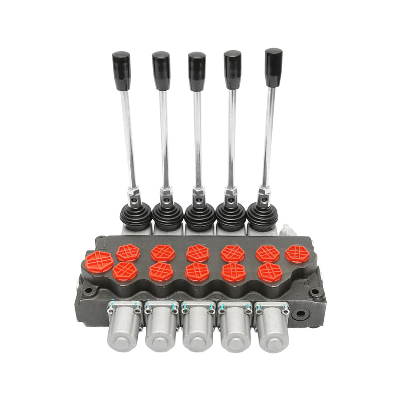 Distributore idraulico a 5 leve, con valvola di sicurezza SD11, portata 80 L/min, leva e riduzione -15/+80. Breckner Germany
