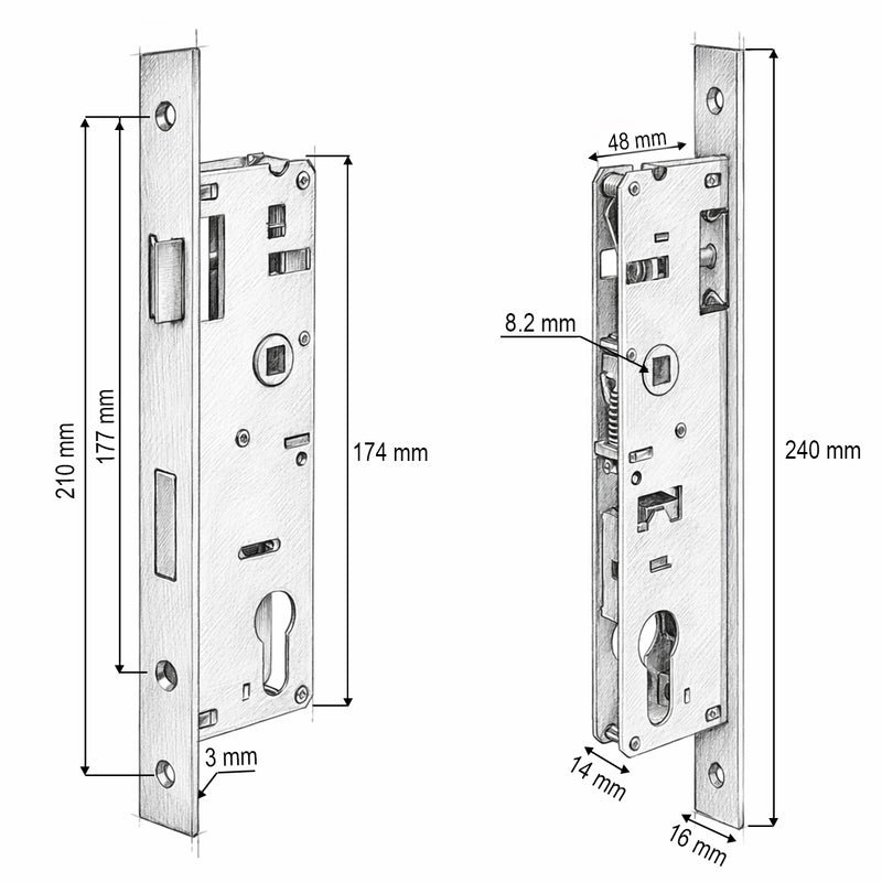 Serratura da infilare con scrocco, 48x174 mm; frontale 16x240 mm; finitura nichel satinato; viti incluse.