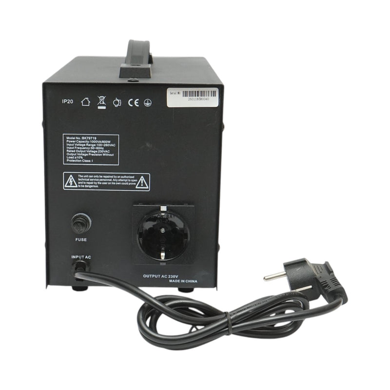 Stabilizzatore di tensione automatico a relè monofase da 1000 VA, 800 W, 100-260 V; 1 presa Schuko da 230 V; display LCD Breckner Germany
