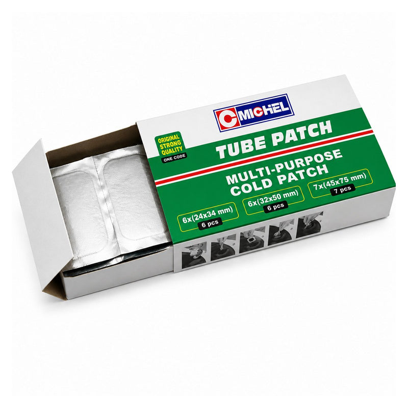 Set di 19 toppe rettangolari per vulcanizzazione (24x34 mm, 6x32 mm, 32x50 mm, 45x75 mm) + 1 tubetto di adesivo da 20 ml per camere d'aria