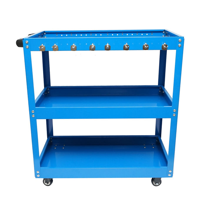Carrello metallico su ruote con 3 ripiani e supporti per attrezzi 660x360x730mm