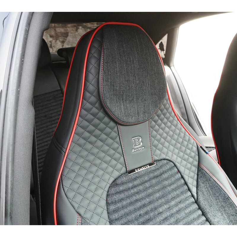 Set coprisedili auto universali premium nero-rosso, design ergonomico sportivo, pelle ecologica con inserti tessili, 11 pezzi
