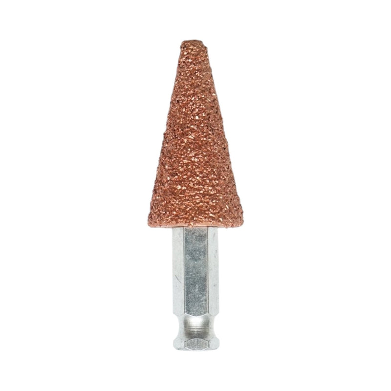 Pietra abrasiva conica per la rettifica degli pneumatici, 25 × 50 mm, grana K36, gambo esagonale da 3/8 di pollice.