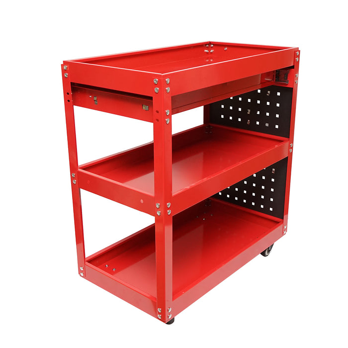 Carrello metallico su ruote con 3 ripiani, supporti e cassetto per attrezzi 660x360x730mm.