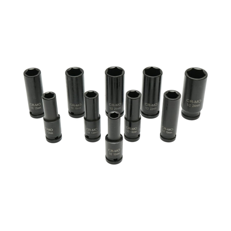 Set di 10 bussole a impatto lunghe con attacco da 1/2" (10–24 mm), Cr-Mo Breckner Germany