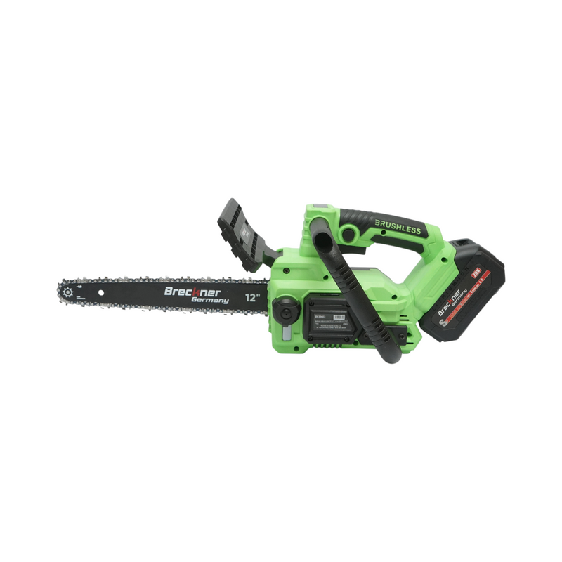 Motosega elettrica professionale con due batterie agli ioni di litio da 20 V e 4 Ah, motore brushless, display digitale a LED e barra da 12 pollici (300 mm). Breckner Germany
