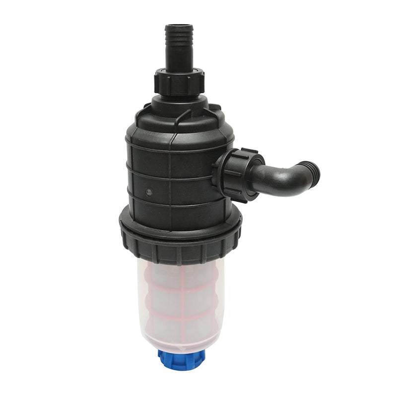 Filtro trasparente per irroratrice con doppia rete e valvola autopulente, attacco da 32 mm.