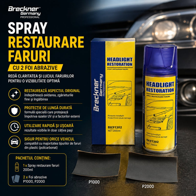 Spray per il ripristino dei fari con 2 fogli abrasivi, 200 ml Breckner Germany