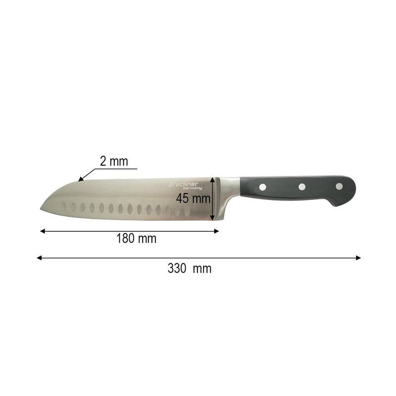 Coltello Santoku professionale da 18 cm, lama in acciaio 5Cr15MoV con filo alveolato, manico in ABS nero. Breckner Germany