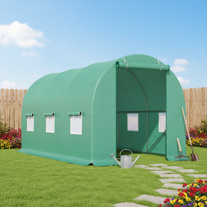 Serra da giardino 300×200×200 cm, telo verde in PE con rete 140 g/m² anti-UV, 1 porta, 6 finestre, tubo in acciaio zincato 19 mm THOR