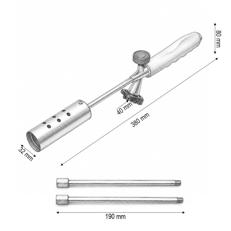 Bruciaerbacce da giardino (380–760 mm), due prolunghe da 190 mm, rotazione a 360 gradi, accensione manuale, fiamma regolabile a 1350°C.