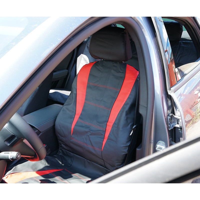 Set coprisedili universali per auto nero-rosso, pelle ecologica e materiale tessile, 8 pezzi