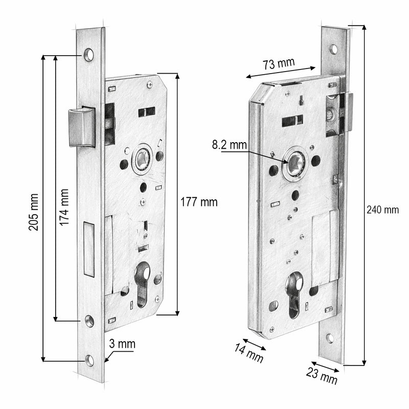 Serratura da infilare con scrocco, 73x177 mm; frontale 23x240 mm; finitura nichel satinato; viti incluse.