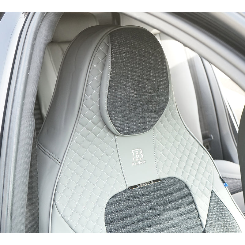 Set coprisedili auto universali premium grigio crema, design ergonomico sportivo, pelle ecologica con inserti tessili, 11 pezzi