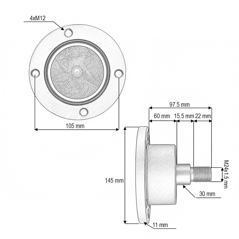 Mozzo per erpice a dischi Lemken (lato destro), codice OEM 55510034, IL50-105/4H-M24x1.5-RH