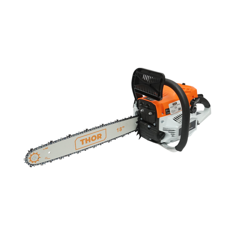 Motosega a scoppio professionale THOR a 2 tempi, 58 cc, 3,3 CV, 8500 giri/min, barra da 18 pollici (450 mm)
