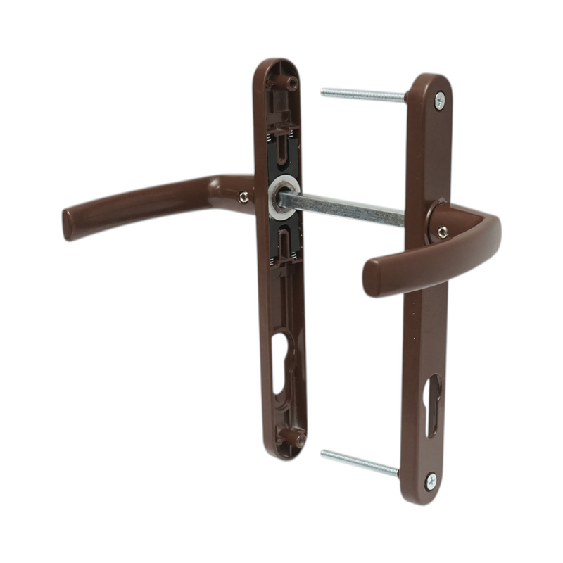 Coppia di maniglie per porta in PVC marrone con doppio vetro e placca 28x220 mm