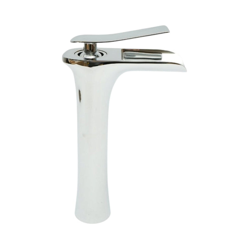 Rubinetto alto di alta qualità per lavabo da bagno in rame, con erogazione a cascata, design rotondo, miscelatore monocomando, finitura cromata lucida e flessibili inclusi.