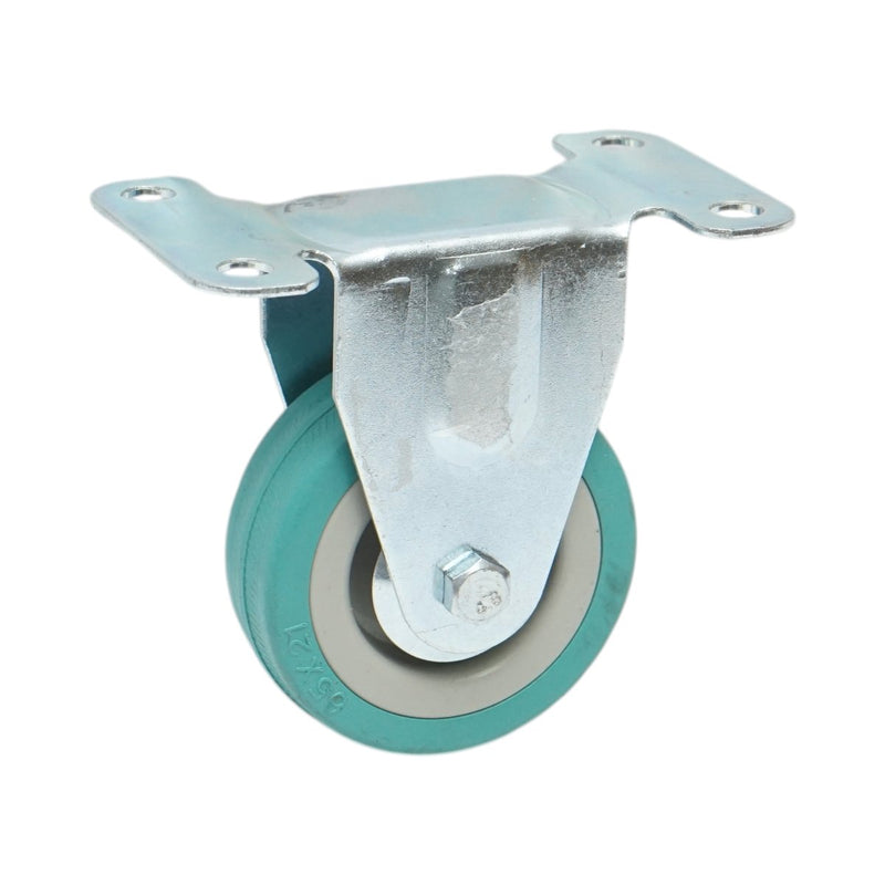 Ruota fissa 65x19 mm senza freno, gomma piena blu, piastra in acciaio 100x59 mm, portata 35 kg